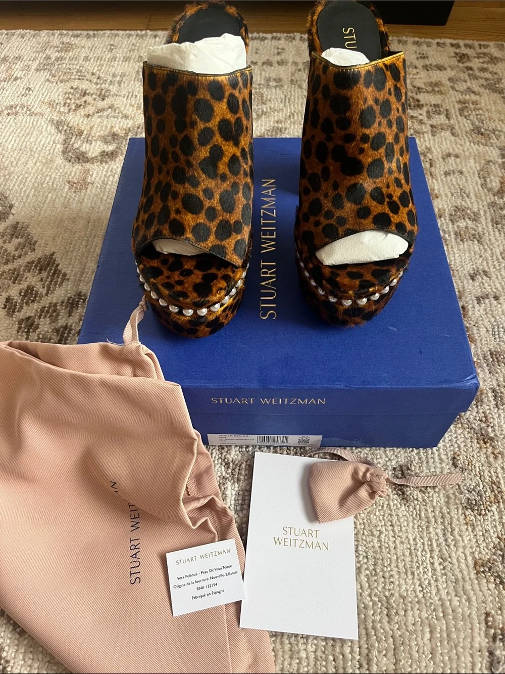 Stuart Weitzman NEW W BOX sky high faux pearl leopard platform sandals sz 8